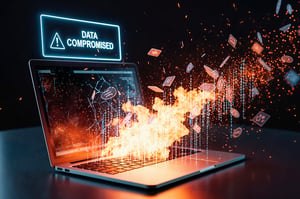 This is an AI-generated image that show a laptop exploding after a data breach