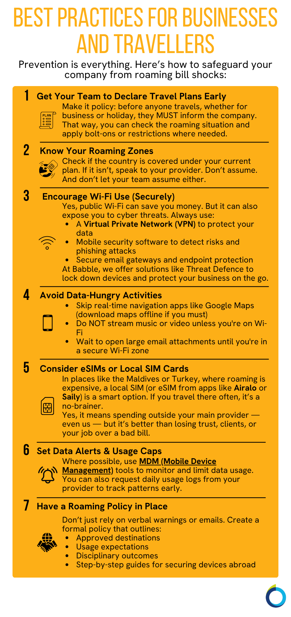 The graphic visually represents the key steps to safeguard your company from roaming bill shocks.