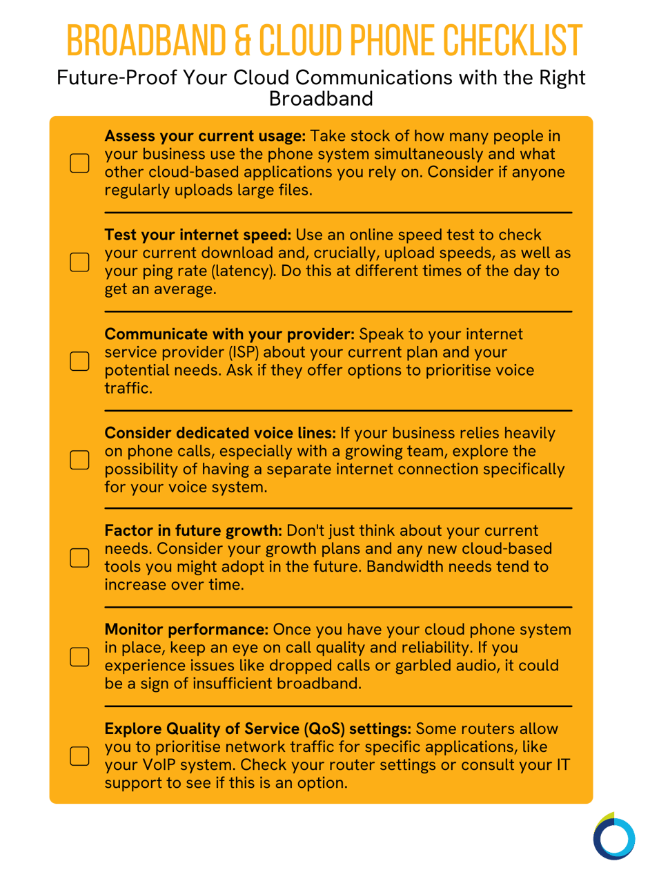 The graphic visually represents a broadband and cloud phone checklist to future-proof your cloud communications with the right broadband.