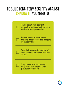 The graphic visually represents a short checklist of building long-term security against shadow IT.