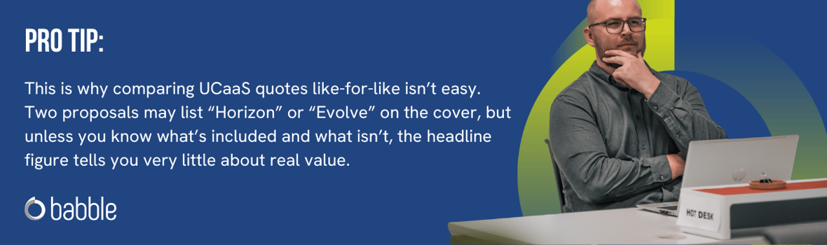 This graphic visually represents a "pro tip" oh why comparing two UCaaS quotes like-for-like can be challenging. It also features a man sitting at a desk