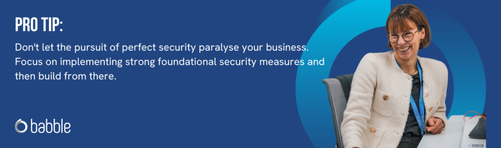 The graphic visually represents a "pro tip" to beging by focusing on the foundational security measures and features an image of a woman smiling at a desk. 