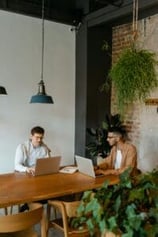 This image portrays two men working at a table. They both have their laptops open and are surrounded by plants. 