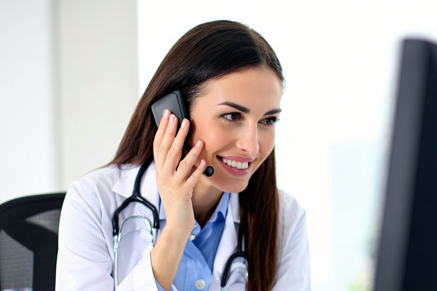 healthcare providers at a healthdesk helping patients on the phone-1-1