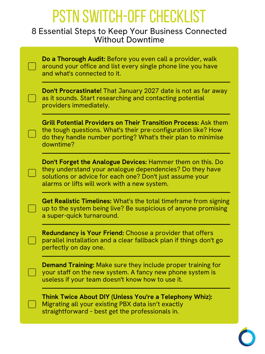 The graphic visually represents a PSTN switch-off checklist of keeping your business connected without downtime.