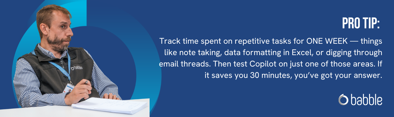 This graphic visually represents a "pro tip" that advises you to track time spent on repetitive tasks to see how much you can save with Copilot and features an image of a man sitting at a desk.