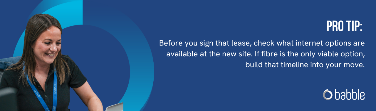 This graphic visually represents a "pro tip" that advises you to check what internet options are available at the new site before signing the lease, and features an image of a woman smiling at a desk.
