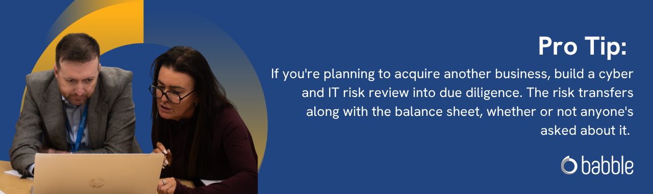 This graphic visually represents a "pro tip" that advises you to build a cyber and IT risk review into due diligence. It features an image of a man and woman working on a laptop together.