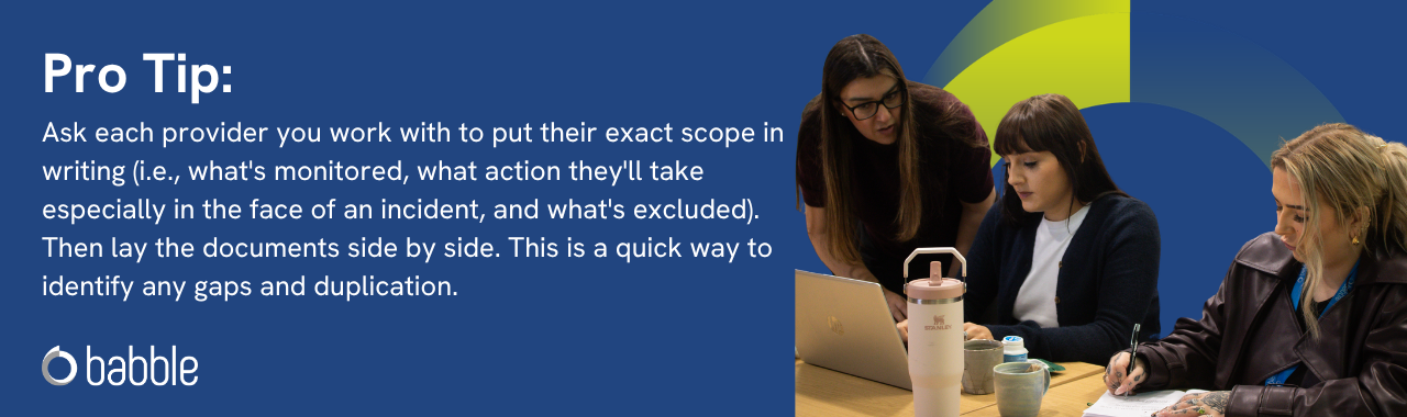 The graphic visually represents a "pro tip" to Ask each provider you work with to put their exact scope in writing, and features an image of three women working.