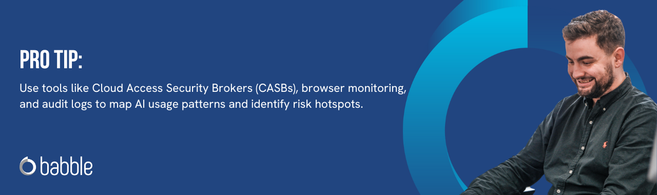 The graphic visually represents a "pro tip" to consistently monitor AI usage in your enterprise and features an image of a man working at a desk and smiling.