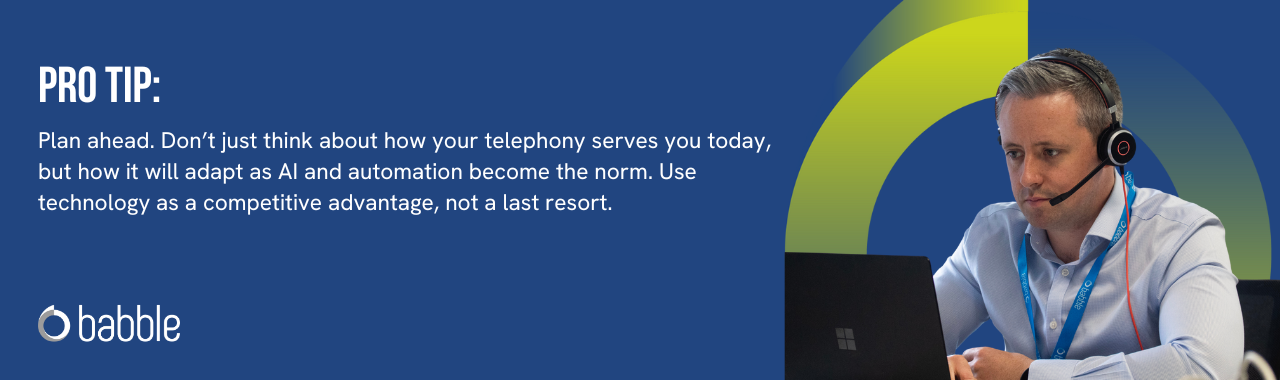 This graphic visually represents a "pro tip" to plan ahead when looking into a telephony solution and features an image of a man working at a desk.