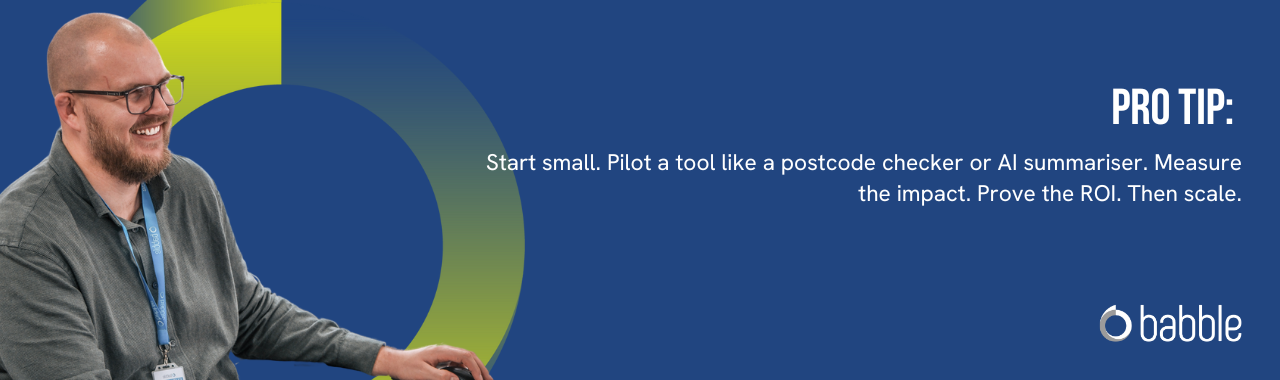 This graphic visually represents a "pro tip" to start small when looking to implement AI in your contact centre and features an image of a lady working at a desk.