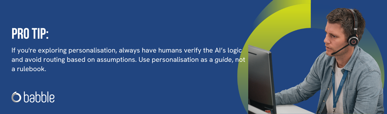 This graphic visually represents a "pro tip" to always have a human verify AI's logic when using hyper-personalisation and features an image of a man working at a desk.