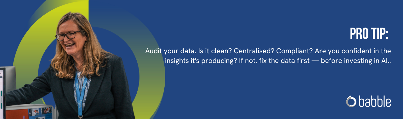 This graphic visually represents a "pro tip" to audit your data before implementing AI and features an image of a lady working at a desk.