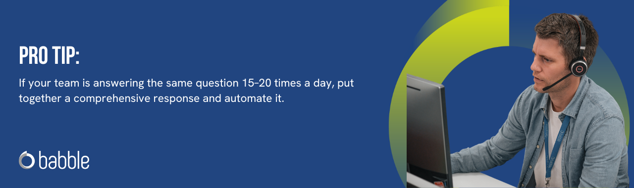 This graphic visually represents a "pro tip" to automate answers to repetitive questions and features an image of a man working at a desk.