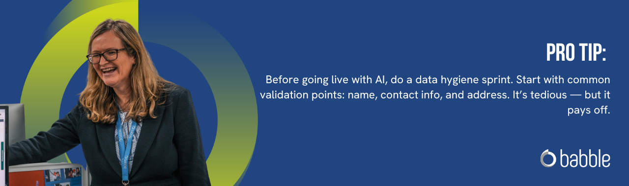 This graphic visually represents a "pro tip" to do a data hygiene sprint before going live with AI and features an image of a lady smiling.