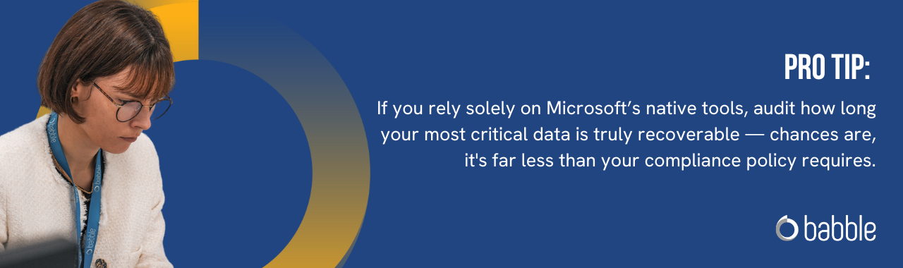 This graphic visually represents a "pro tip" that advises you to audit how long your most critical data is truly recoverable if you rely solely on Microsoft’s native tools.
