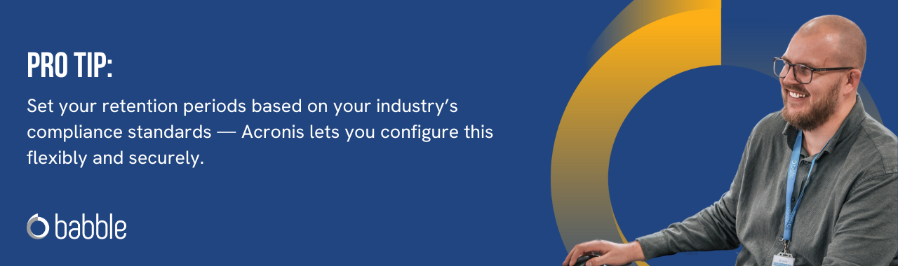 This graphic visually represents a "pro tip" that suggests auditing your stack to set your retention periods based on your industry’s compliance standards.