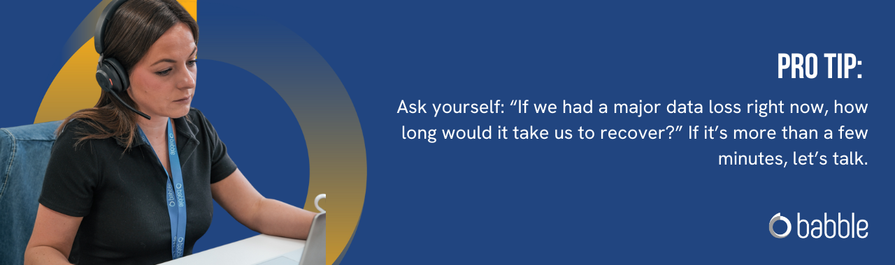 This graphic visually represents a "pro tip" that advises you to get in touch with us if your data recovery period exceeds a few minutes.