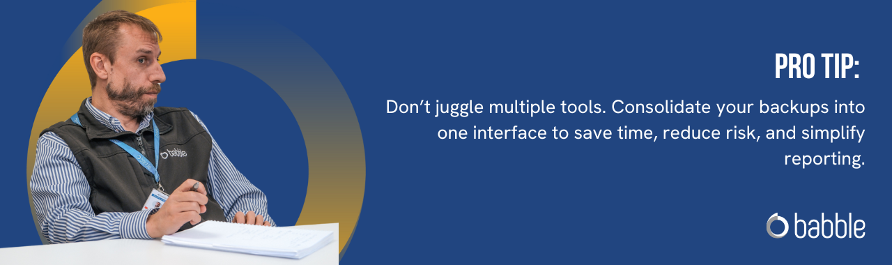 This graphic visually represents a "pro tip" that advises you to consolidate your backups into one interface.