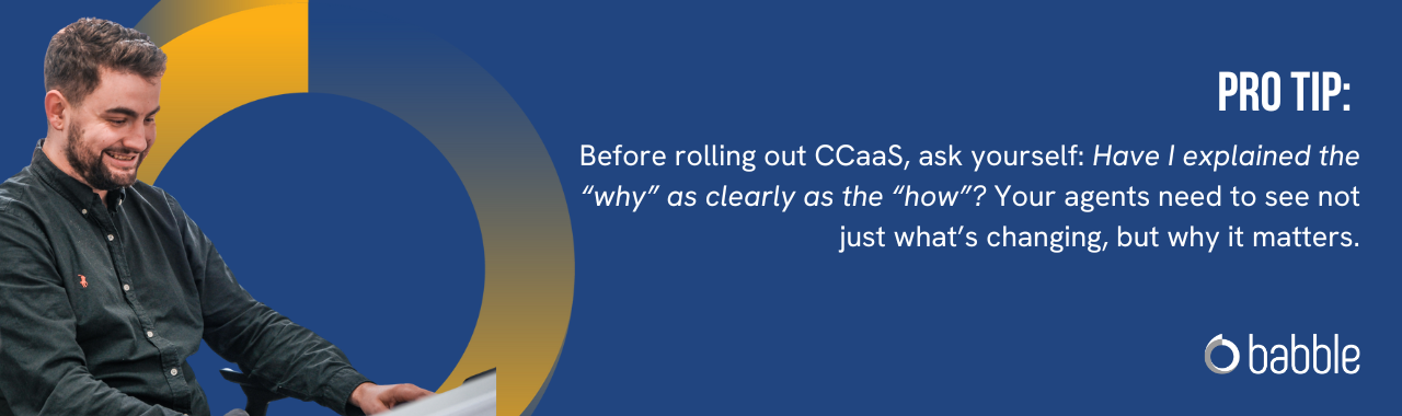 This graphic visually represents a "pro tip" that advises you to ensure that your agents understand what's changing and why it matters and features an image of a man smiling and working at a desk.