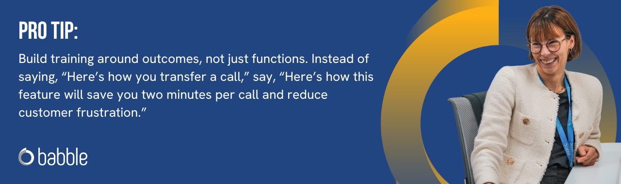 This graphic visually represents a "pro tip" that advises you to build training around outcomes, not just functions and features an image of a woman smiling.