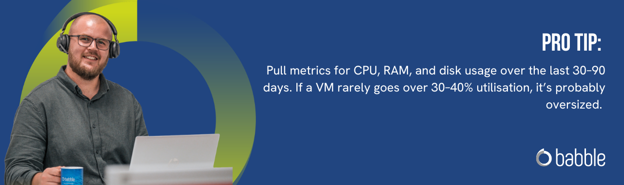 The graphic visually represents a "pro tip" to pull metrics for CPU, RAM, and disk usage over the last 30–90 days and features an image of a man smiling at a desk.