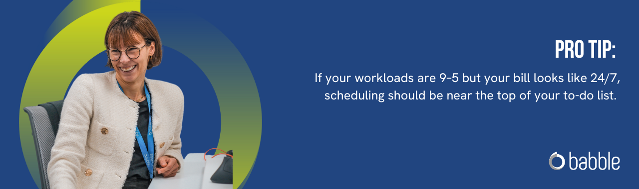  The graphic visually represents a "pro tip" to schedule your workloads and features an image of a lady smiling at a desk.