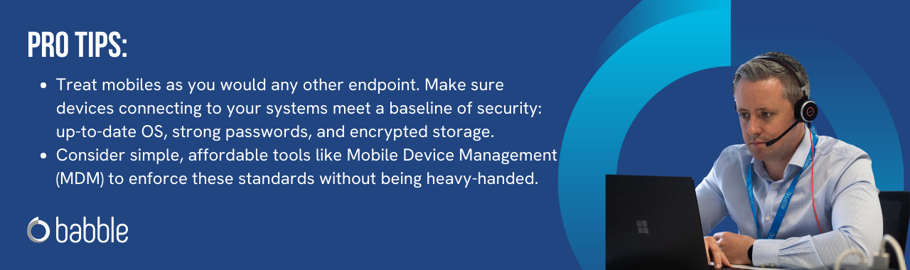 This graphic visually represents a "pro tip" to treat mobiles as you would any other endpoint and features an image of a man working at a desk.