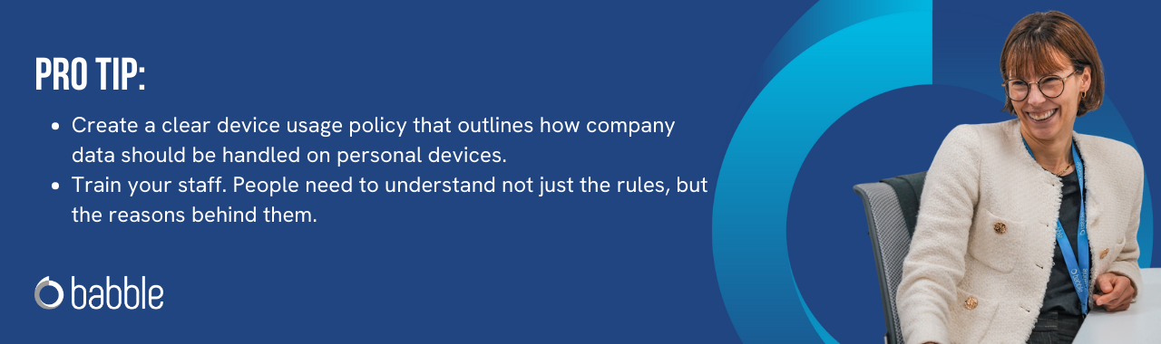 This graphic visually represents a "pro tip" to create  a clear device usage policy and features an image of a lady smiling at a desk.