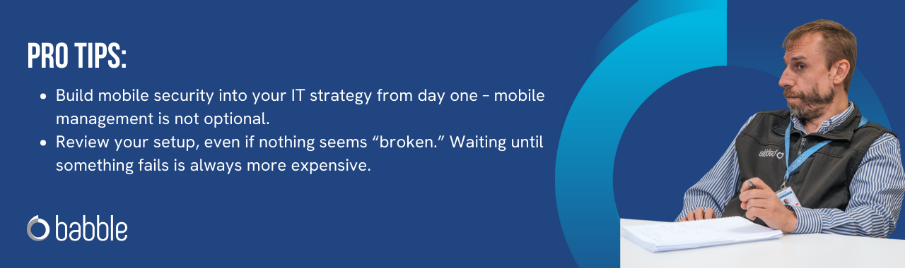 This graphic visually represents a "pro tip" to build mobile security into your IT strategy from day one and features an image of a man working at a desk.