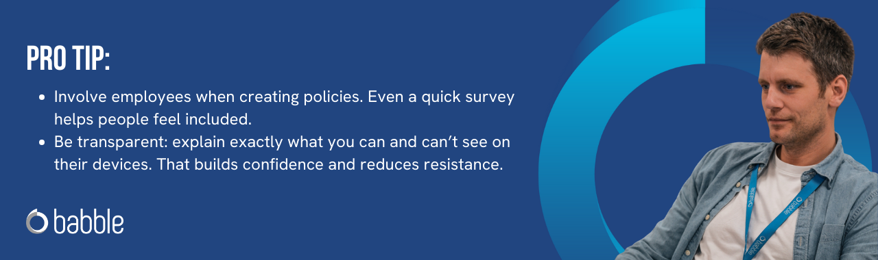 This graphic visually represents a "pro tip" to involve employees when creating policies and features an image of a man smiling at a desk.