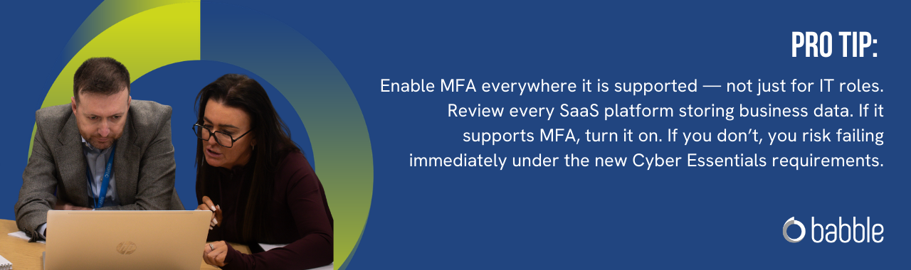 The graphic visually represents a "pro tip" to enable MFA everywhere it is supported, and features an image of people working at a desk.
