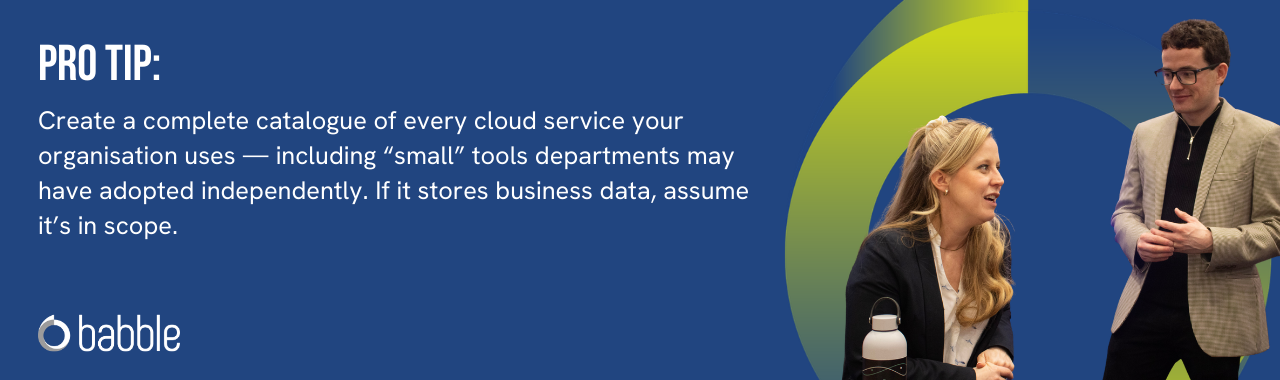 The graphic visually represents a "pro tip" to create a complete catalogue of every cloud service your organisation uses, and features an image of a woman and man talking.