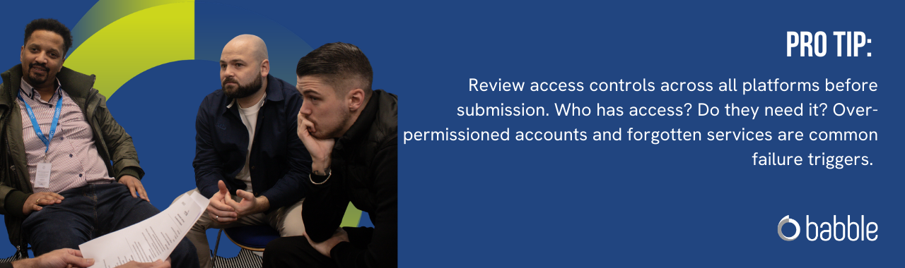 The graphic visually represents a "pro tip" to review access controls across all platforms before submission, and features an image of three men working.