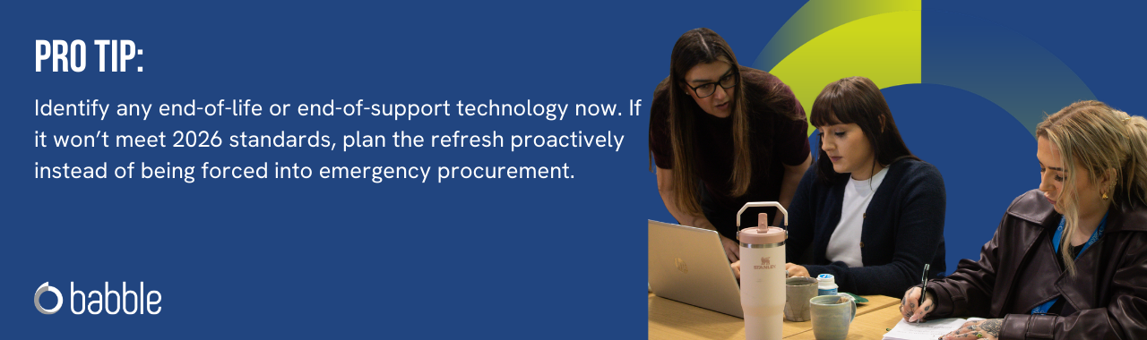 The graphic visually represents a "pro tip" to identify any end-of-life or end-of-support technology now, and features an image of three women working.