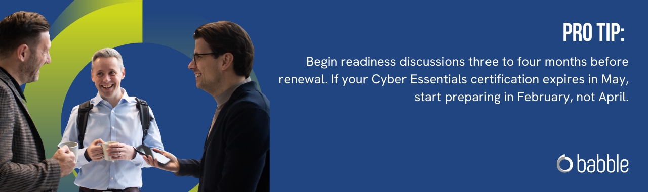 The graphic visually represents a "pro tip" to begin readiness discussions three to four months before renewal, and features an image of three men talking.