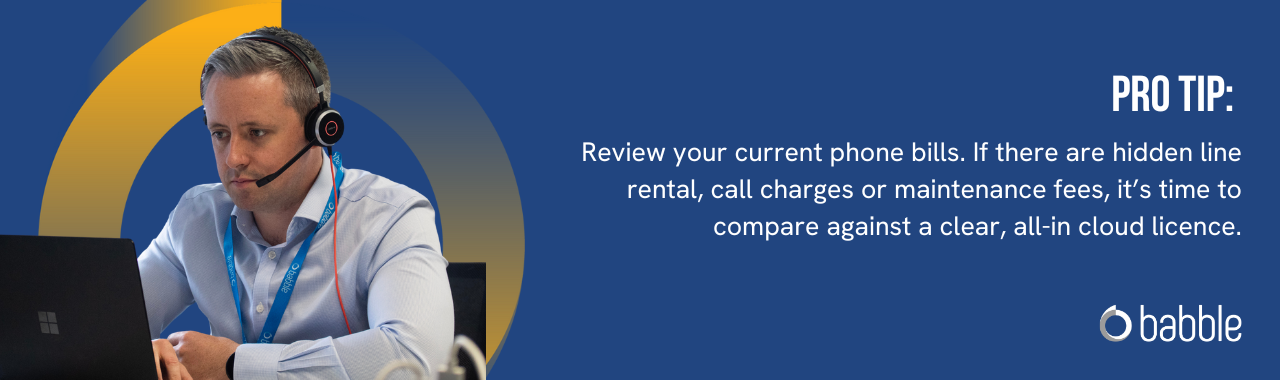 This graphic visually represents a "pro tip" that advises you to review your current phone bills and features an image of a man working.