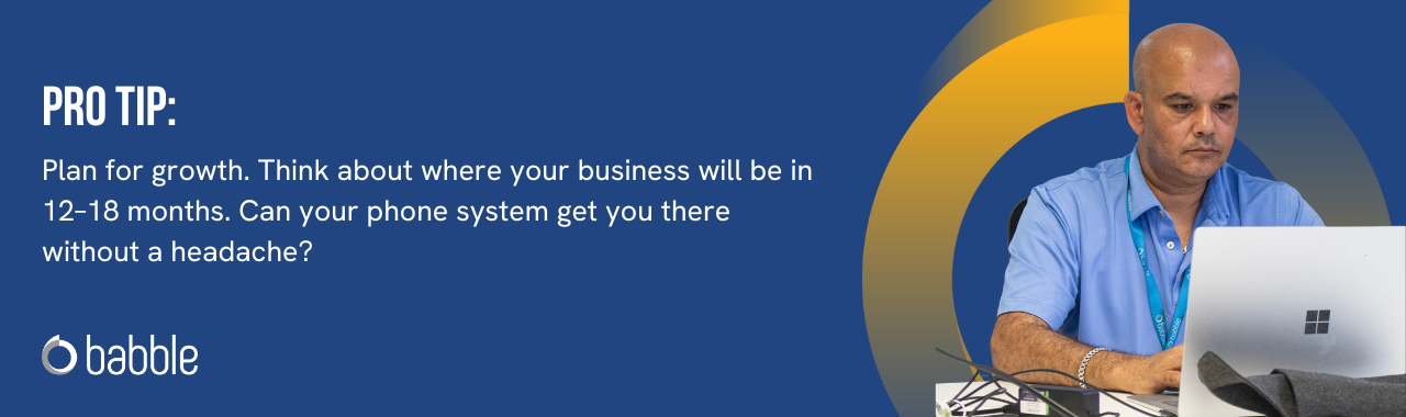 This graphic visually represents a "pro tip" that advises you to plan for growth when considering a new phone system and features an image of a man working.