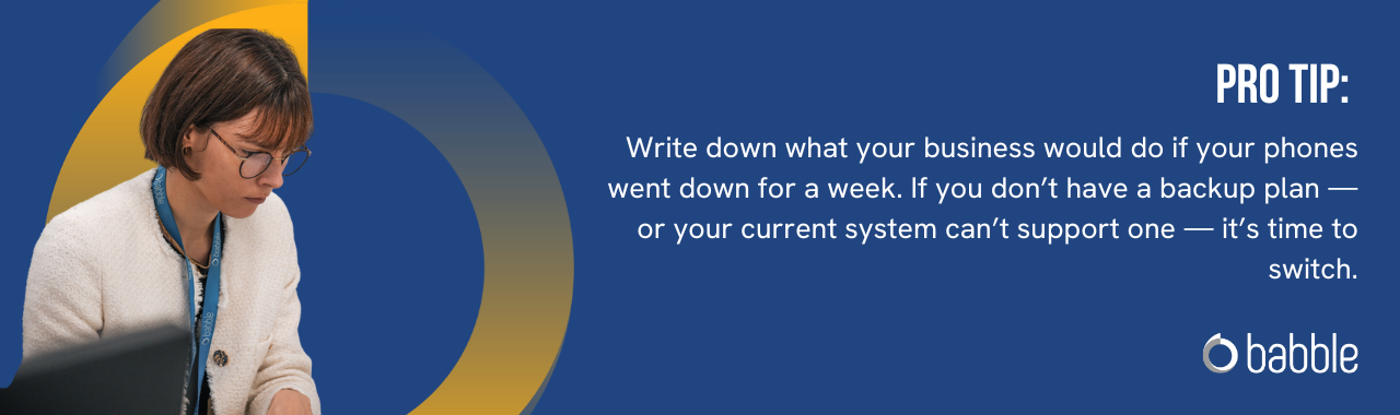 This graphic visually represents a "pro tip" that advises you to come up with a backup plan if your phones went down and features an image of a woman working.