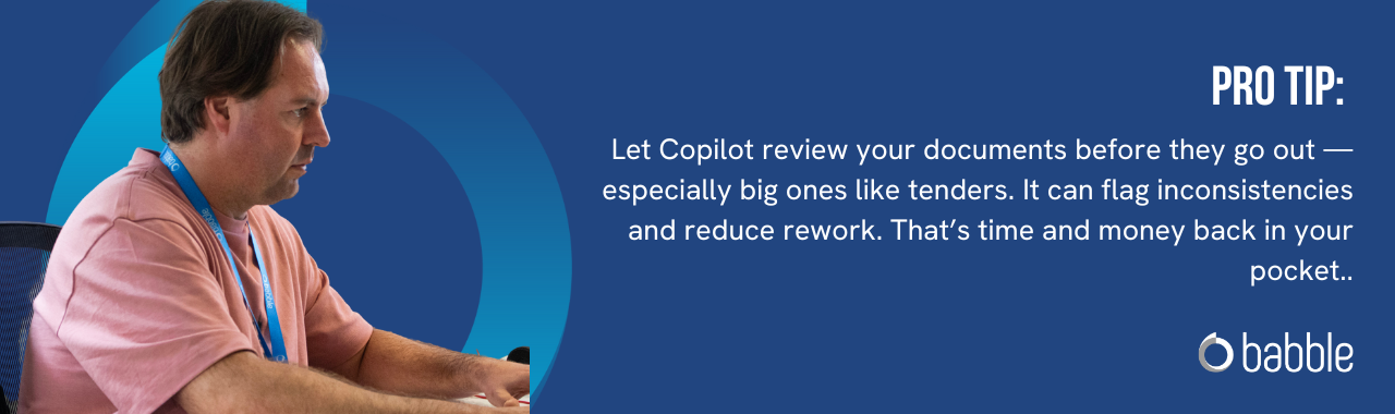 This graphic visually represents a "pro tip" that advises you to let Copilot review your documents before they go out and features an image of a man working at a desk.