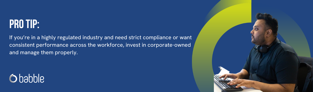 This graphic visually represents a "pro tip" to invest in corporate-owned devices if you're in a highly regulated industry and features an image of a man working at a desk.