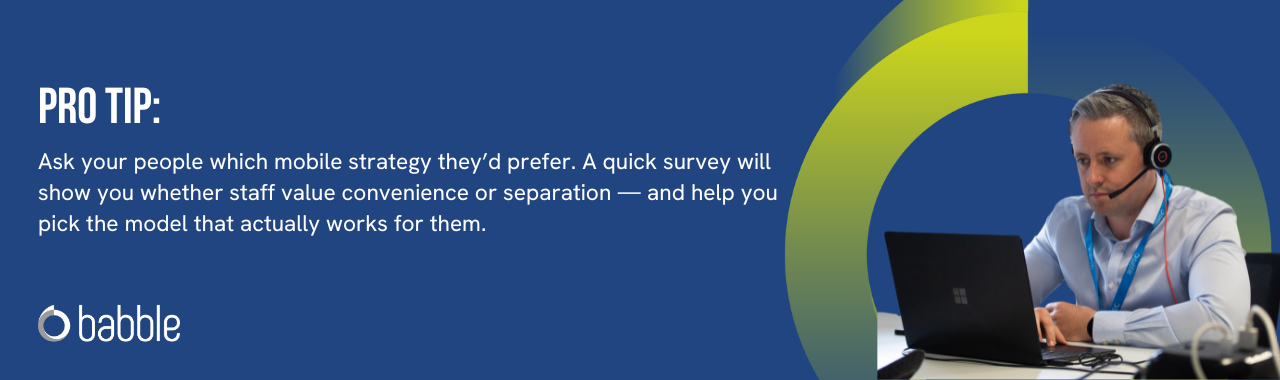 This graphic visually represents a "pro tip" to ask your people which mobile strategy they’d prefer with a quick surver and features an image of a man working at a desk.