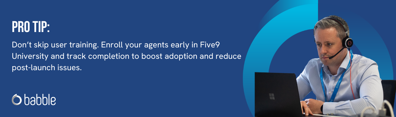 This graphic visually represents a "pro tip" that advises you to enroll in Five9 University and features an image of a man working at a desk.