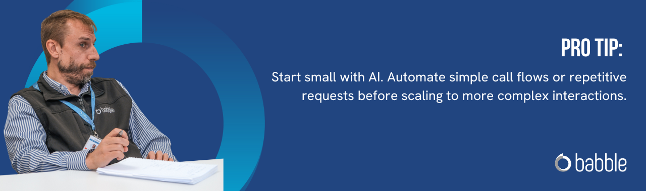 This graphic visually represents a "pro tip" that advises you to start small with AI and features an image of a man sitting at a desk.