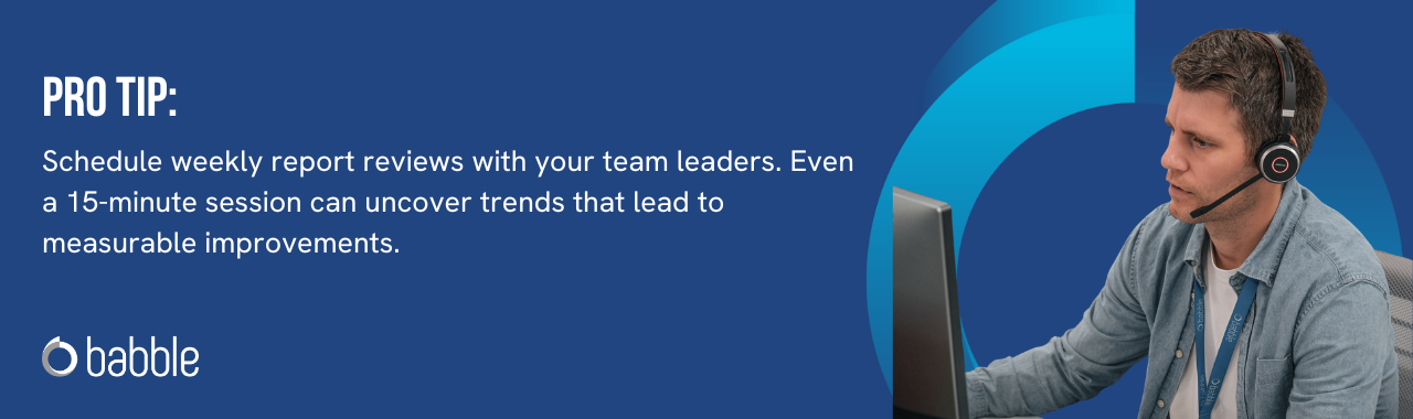 This graphic visually represents a "pro tip" that advises you to schedule weekly report reviews with your team leaders and features an image of a man working at a desk.