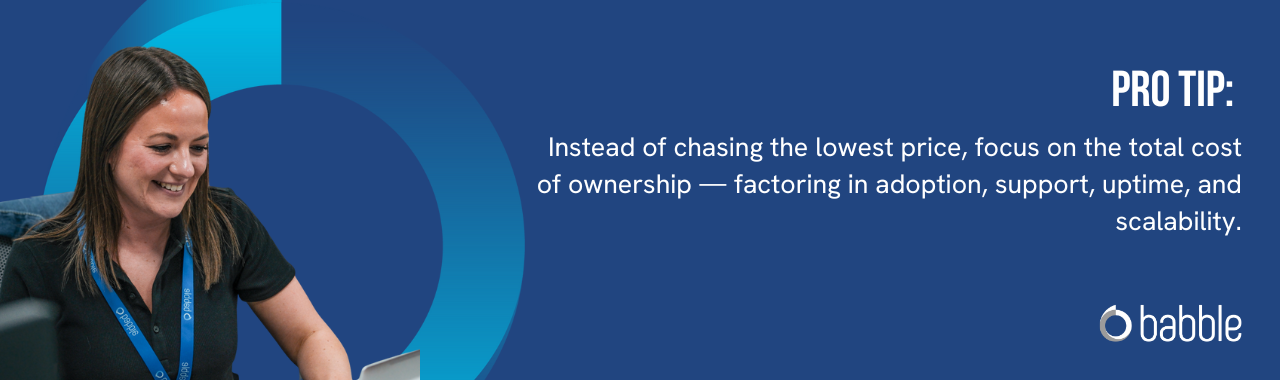 This graphic visually represents a "pro tip" that advises you to focus on the total cost of ownership, not the cheapest solution, and features an image of a woman smiling at a desk.
