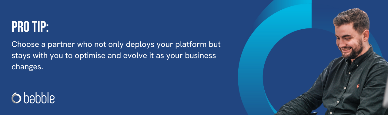 This graphic visually represents a "pro tip" that advises you to choose a partner that helps you optimise your CCaaS solution and features an image of a man smiling at a desk.