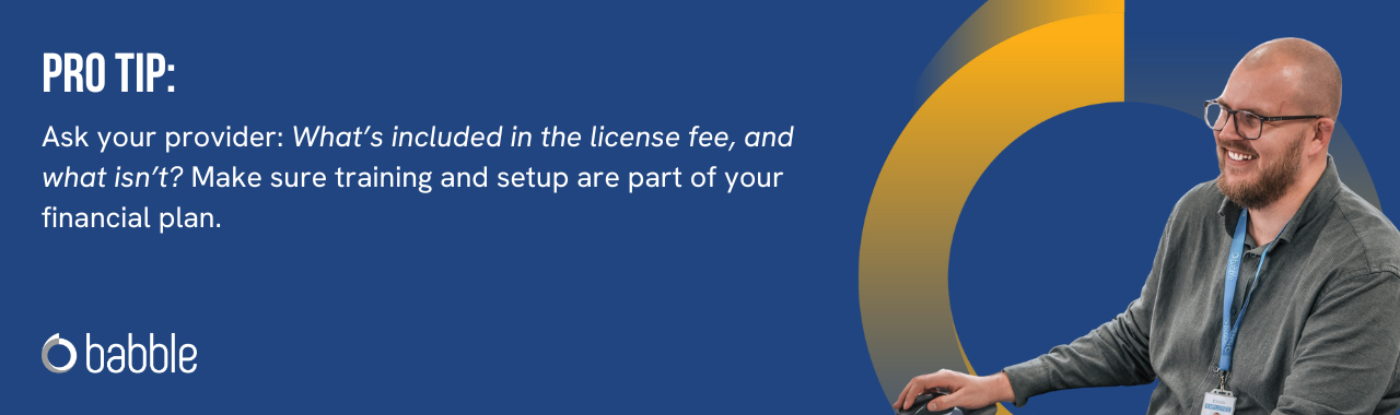 This graphic visually represents a "pro tip" that advises you to ensure training and setup are part of your financial plan and features an image of a man smiling at a desk.