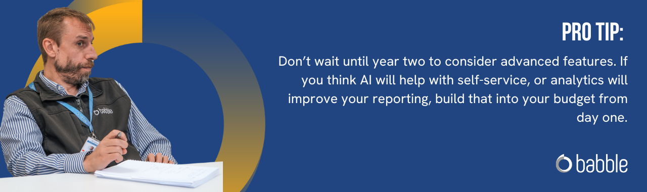 This graphic visually represents a "pro tip" that advises you not to wait until year two to consider advanced features and features an image of a man sitting at a desk.